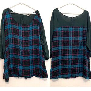 AVENUE Plus Size Dark Green Blue Plaid Flannel Mixed Media Split Back 3/4 Sleeve